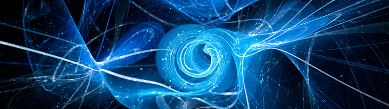 Blue glowing futuristic technology ultra widescreen abstract banner, computer generated, 3D rendering