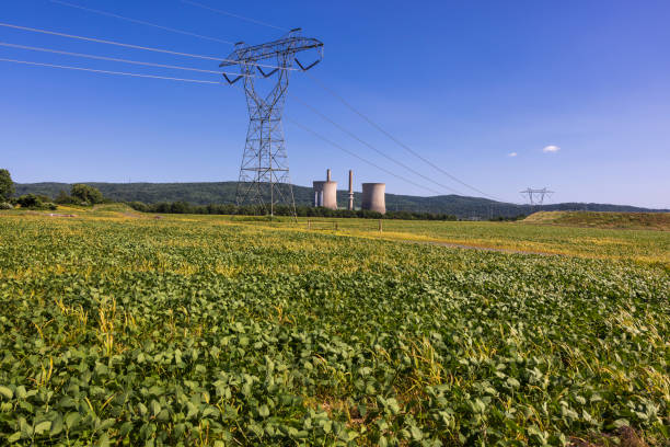 Ppower plant and high-voltage power line in rural Pennsylvania stock photo