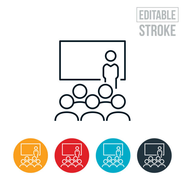 Presentation At Business Convention Thin Line Icon - Editable Stroke An icon of a business person giving a presentation at a business convention. The icon includes editable strokes or outlines using the EPS vector file. seminar classroom lecture hall university stock illustrations