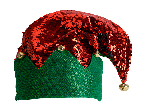Elf Hat with Bell Cut Out on White.