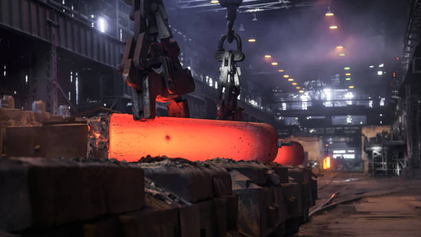 istock Hot red steel slabs in iron foundry workshop. 1404244967