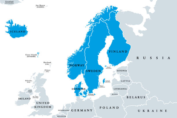 Scandinavia, a subregion in Northern Europe, political map Scandinavia, political map. A subregion in Northern Europe, most commonly referring to Denmark, Norway, and Sweden, and more broadly also with Aland, Faroe Islands, Finland and Iceland. Illustration. norway continent stock illustrations