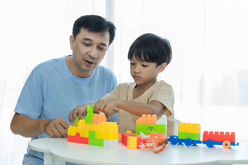 Father and son at home playing the plastic block toys. Dad and and son are playing block toys