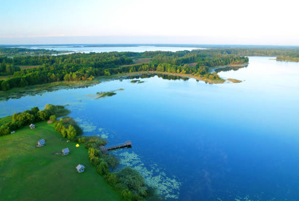 lake in wild nature, aerial view. lake on sunset in summer. aerial panoramic landscape view of lake in wildlife. - coastline aerial view forest pond imagens e fotografias de stock