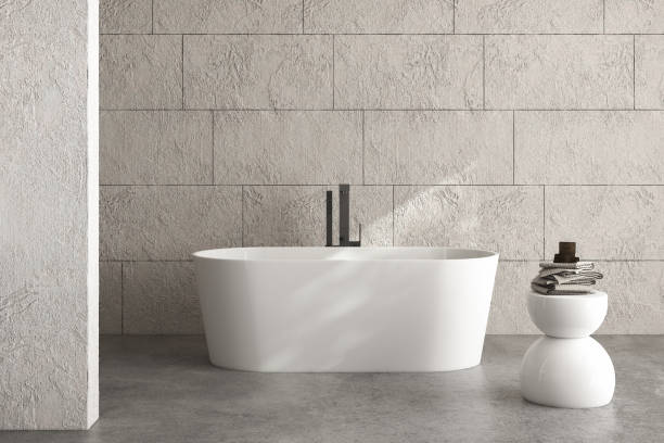 istock Front view of a bathroom interior with a white tub 1404247830