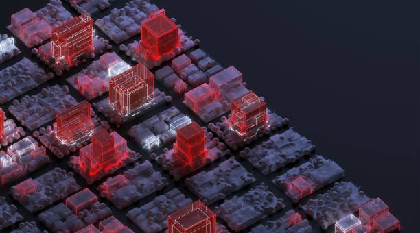 istock Futuristic city project with abstract buildings illuminated by laser lights 1404248688