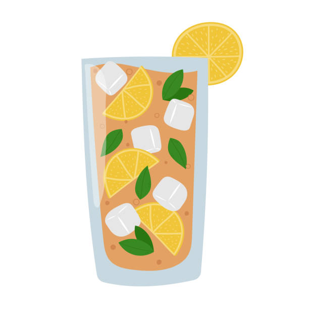 레몬, 박하 잎 및 얼음 조각을 잔에 담은 아이스 티. - ice tea ice cube ice tea stock illustrations