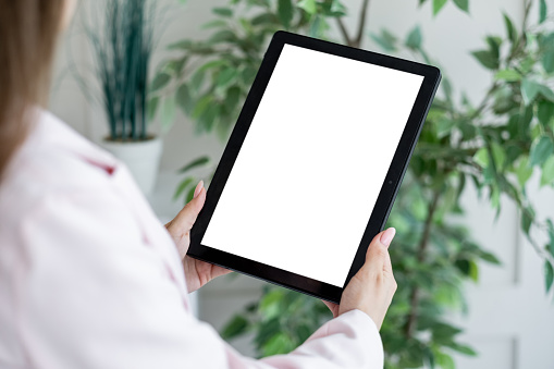 Virtual connection. Digital mockup. Office work. Unrecognizable woman holding tablet computer with blank screen in light room interior.