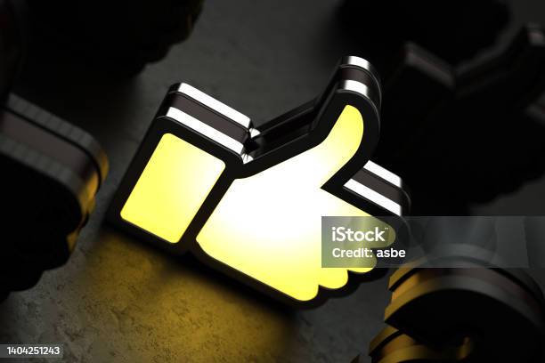 Neon Illuminated Thumbs Up Icon Like Symbol On Black Stock Photo - Download Image Now
