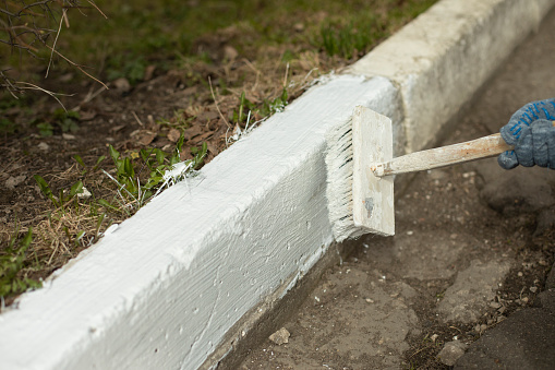 Painting curb. Paint on brush. Hand holds brush. Landscaping in city.