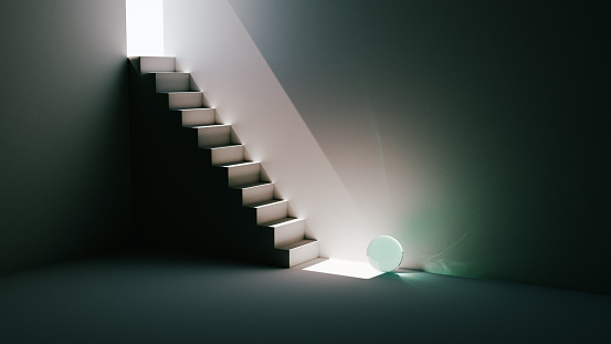 A bright crystal ball has fallen from the stairway (from heaven). 3D digital render