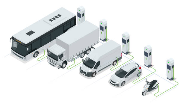 izometryczna ładowarka samochodowa. elektromobilna stacja ładowania. samochód, autobus, ciężarówka, furgonetka, motocykl, na odnawialnej energii słonecznej w sieci. - electric motor obrazy stock illustrations