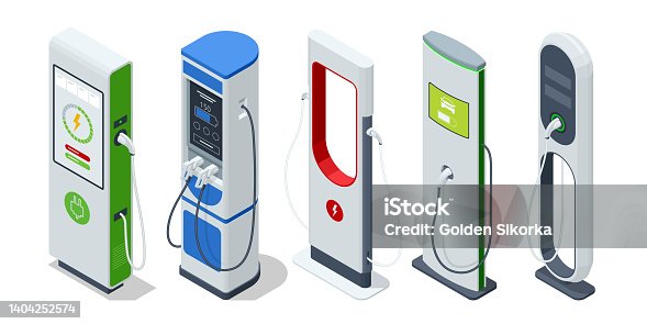istock Car charger. Realistic electromobile charging station. Alternative fuel. Socket for electrical-car-battery charger with load indicator lights. 1404252574