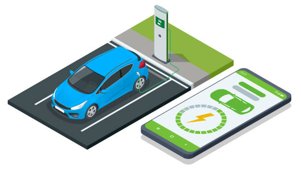 Isometric EV charging station for electric car with mobile app display charger status. Car charger. Electromobile charging station. Isometric EV charging station for electric car with mobile app display charger status. Car charger. Electromobile charging station energy fuel and power generation city urban scene stock illustrations