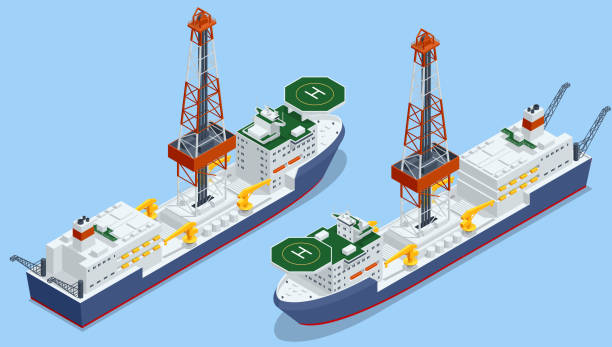 isometrische tiefseebohrungen für die produktion von öl und gas, öl- und gasindustrie. schwimmende bohrplattform auf dem ozean - drillship stock-grafiken, -clipart, -cartoons und -symbole