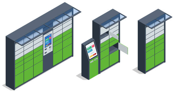 illustrazioni stock, clip art, cartoni animati e icone di tendenza di armadietto isometrico per pacchi. postino e armadietto con pannello digitale per password. la catena di punti postali autonomi per l'auto-ricezione e l'invio di pacchi postali. consegna postale, self-service intelligente - cassetta postale per linvio della posta