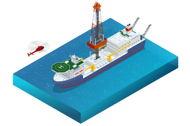 illustrations, cliparts, dessins animés et icônes de forage isométrique en eau profonde pour la production de pétrole et de gaz, l’industrie pétrolière et gazière. plate-forme de forage flottante sur l’océan - drillship