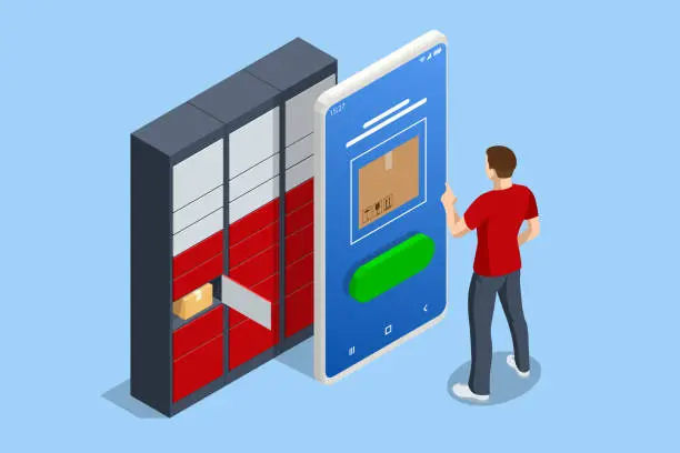 Vector illustration of Isometric parcel locker. Postman and locker with digital panel for password. The chain of autonomous postal points for self-receipt and sending of postal parcels. Postal delivery, smart self-service