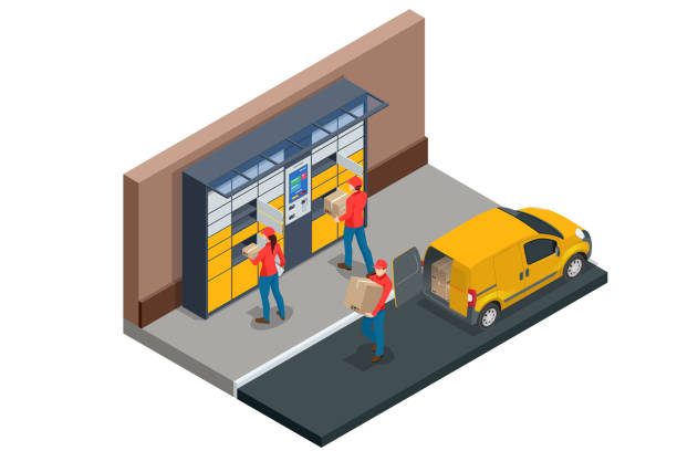 illustrazioni stock, clip art, cartoni animati e icone di tendenza di armadietto isometrico per pacchi. postino e armadietto con pannello digitale per password. la catena di punti postali autonomi per l'auto-ricezione e l'invio di pacchi postali. consegna postale, self-service intelligente - cassetta postale per linvio della posta