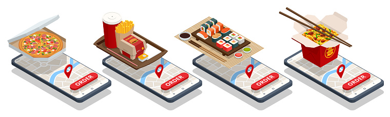 Isometric fast food delivery app on a smartphone. Ordering take away food online on a smartphone. Sushi, Coffee, Ice Cream, Burgers, Salad and Pizza.