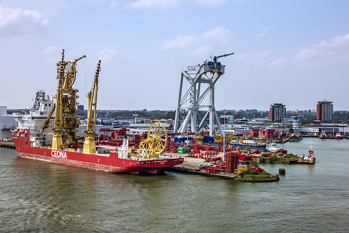 Rotterdam, Netherlands - May 30, 2022:  Container terminal in sea port Rotterdam