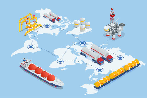 ilustrações de stock, clip art, desenhos animados e ícones de isometric tanker loading liquefied natural gas at trading terminal. transportation, delivery, transit of natural gas - liquified petroleum gas