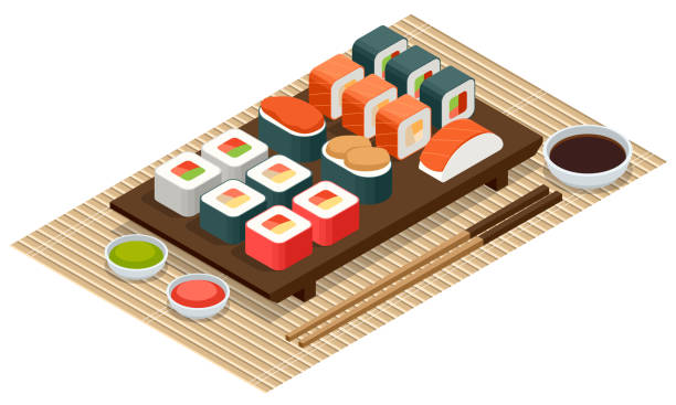 ilustraciones, imágenes clip art, dibujos animados e iconos de stock de rollos isométricos de sushi con salmón, aguacate, queso crema. conjunto de mariscos rollos aislados sobre fondo blanco. menú sushi. comida japonesa. - sushi cartoon food wallpaper pattern