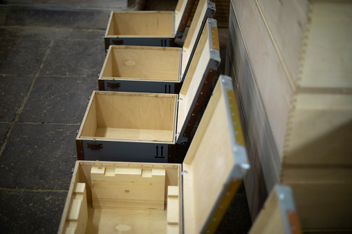 Military boxes made of wood. Furniture production. Boxes for cartridges made of board. Wood processing.