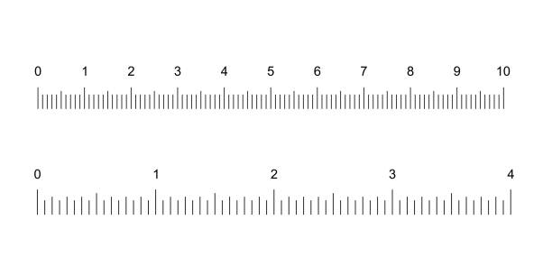길이 벡터 일러스트레이션을 측정하기 위해 세로 검정 선 분할과 숫자로 설정된 눈금자 테이프입니다. 간단한 학교 도구 4 인치 및 10 센티미터 길이, 흰색 배경에 수학 수업을위한 객체 - weihnachten stock illustrations