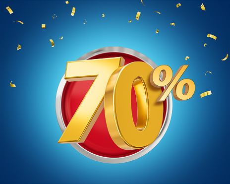 70% Ten percent Off Discount 3d golden sale symbol with confetti. Sale banner and poster 3d illustration