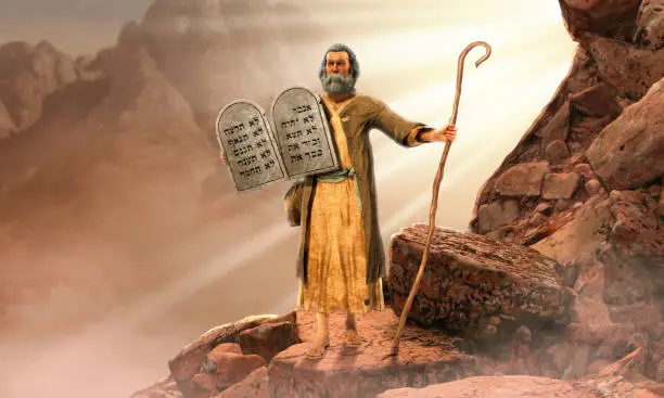 Moses holding 10 Commandments tablets coming down  mount Sinai, 3d render.