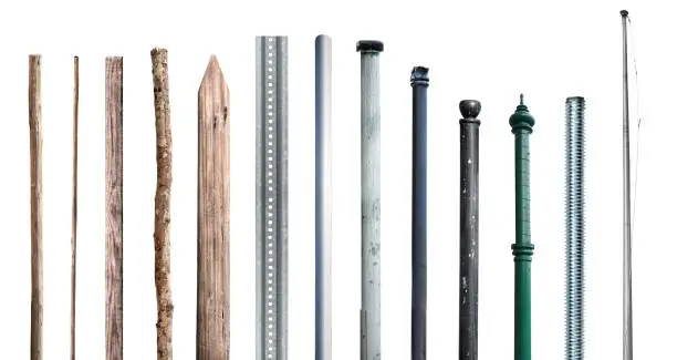 close up various kind of poles isolated on white background with clipping path
