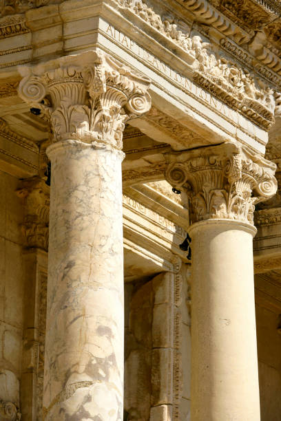 Archaeological column detail from Ephesus Celsus Library exterior stock photo