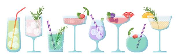 ilustrações de stock, clip art, desenhos animados e ícones de isolated cocktails. club party drinks, cocktail beach vacation time. tropical and alcoholic summer drink, swanky beverages with ice and fruits vector set - margarita cocktail drink umbrella drink