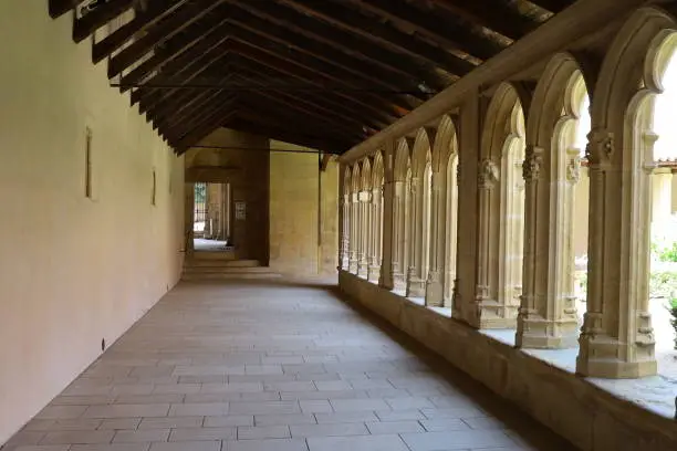 The cloister of the Benedictine abbey Saint Fortuné de Charlieu, town of Charlieu, Loire department, France