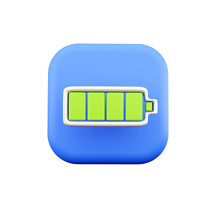 3d render Battery icon on blue button. 3d battery icon with blue button rendering icon