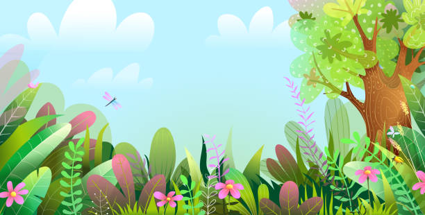 ilustrações de stock, clip art, desenhos animados e ícones de magic colorful forest scenery wallpaper for kids - fairy forest fairy tale mist