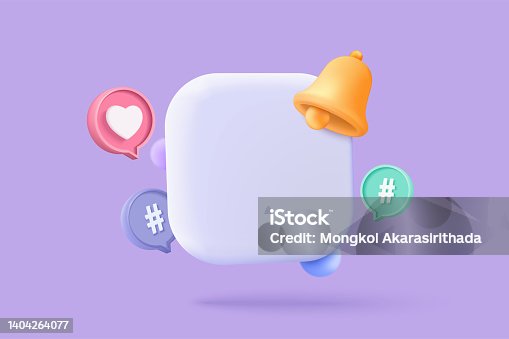 istock 3D app icon with notification alert speech bubble, online social conversation comment push notice cartoon concept, blank app icons, chat with social media. 3d reminder render vector illustration 1404264077