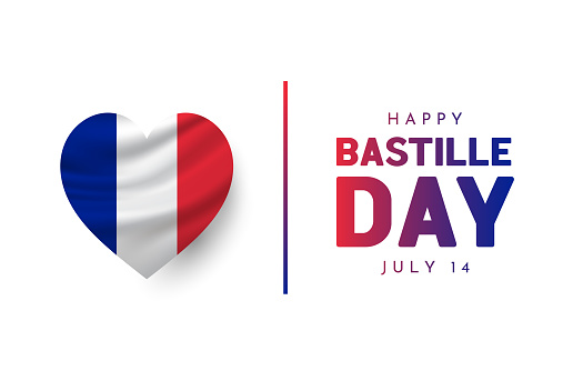Bastille Day card with French flag in heart shape, July 14. Vector illustration EPS10
