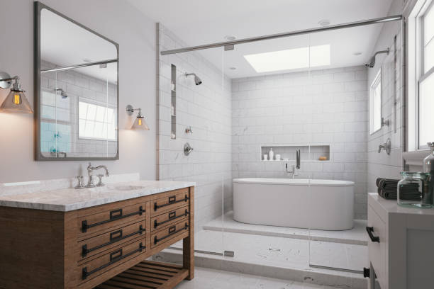 modernes luxus-badezimmer-interieur - hausbau stock-fotos und bilder