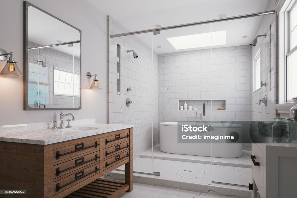 Modern Luxury Bathroom Interior Interior of a modern luxurious bathroom with white marble. Bathroom Stock Photo