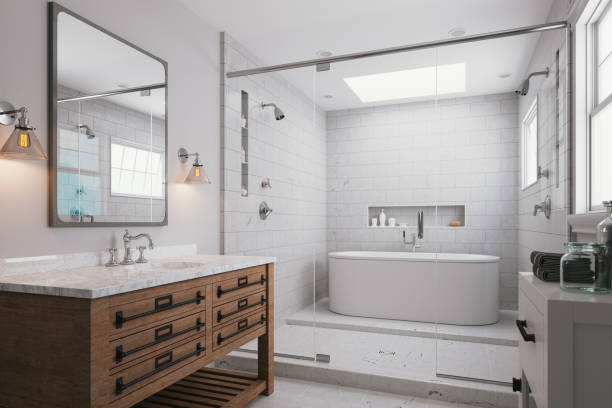 Modern Luxury Bathroom Interior Interior of a modern luxurious bathroom with white marble. renovation stock pictures, royalty-free photos & images