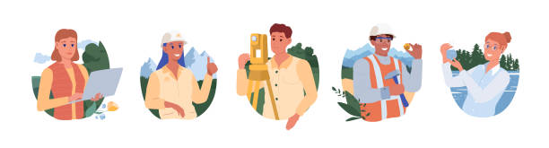 People of various professions: ecologist, geodesist, geologist, hydrologist, etc. against the backdrop of nature. People of various professions: ecologist, geodesist, geologist, etc. against the backdrop of nature. Flat, Vector illustration geologist stock illustrations
