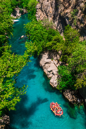Antalya, Turkey - August 25, 2020: Beautiful river landscape from Koprulu Canyon National Park in Manavgat, Rafting tourism. Koprucay river.