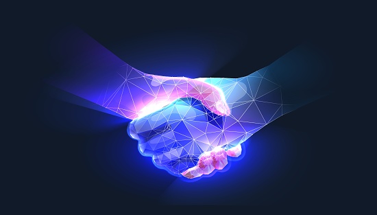 Handshake in digital futuristic style. The concept of partnership, collaboration or teamwork. Vector illustration with light effect and neon