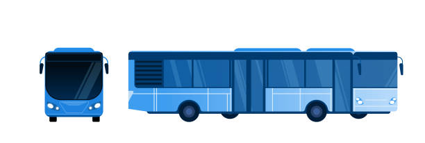 illustrations, cliparts, dessins animés et icônes de illustration moderne du vecteur latéral et de la vue avant. véhicule de tourisme et de tourisme rapide pour la ville ou interurbaine jorney. set dans un style plat - bus speed transportation public utility