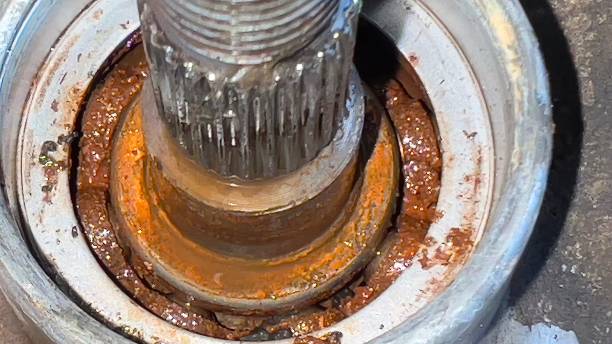 istock Ruined and rusted ball bearing on shaft 1404272103