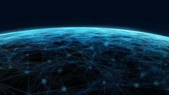 Connection lines Around Earth Globe, Motion of digital data flow. Futuristic Technology Theme Background. 3d rendering
