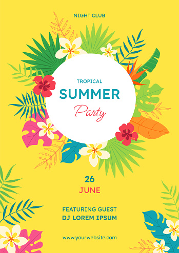 Poster of a summer tropical party. Creative bright, colorful, yellow background with tropical leaves and flowers. Poster, flyer, print template, banner.