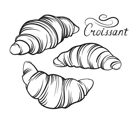 Croissant french food icon set. Bakery food  hand drawing line art over white background. Cake for breakfast banner